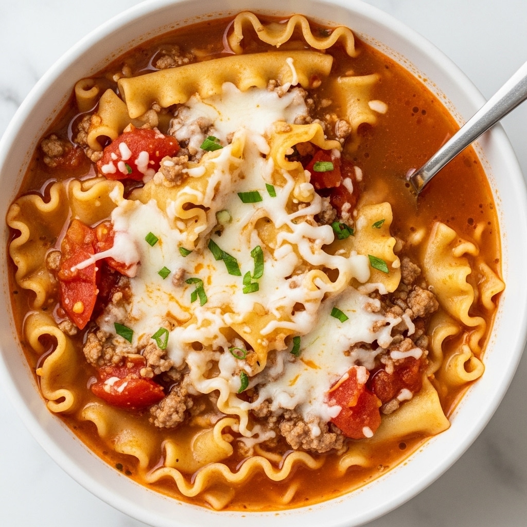 A white bowl filled with a thick lasagna soup showing two visible layers: the top layer is melted, gooey white cheese sprinkled lightly with small green herb pieces, and the bottom layer is a rich, chunky red tomato sauce with browned ground meat and large square pieces of lasagna pasta with wavy edges partly submerged. A silver spoon is placed on the right side inside the bowl. The background is a white marbled texture. photo taken with an iphone --ar 4:5 --v 7
