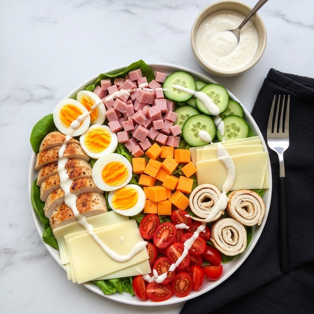 A white round plate is filled with colorful salad ingredients arranged in sections over a base of green lettuce leaves. Starting from the top left, there are quartered boiled eggs with bright yellow yolks, next to them are small pink cubes of ham. To the right, a neat row of thin, translucent cucumber slices is lightly drizzled with white creamy dressing. Below the cucumber are chunky orange cubes of cheddar cheese. On the bottom left side, there are neatly folded slices of pale yellow Swiss cheese and toasted bread rolls with a golden-brown crust, also drizzled with dressing. Bright red cherry tomato halves sit next to more boiled egg quarters at the bottom. The salad is lightly topped in several places with a white creamy dressing. A small glass bowl with dressing and a spoon rests near the top left corner, with a fork and a black napkin on the top right, all set against a white marbled surface. photo taken with an iphone --ar 4:5 --v 7