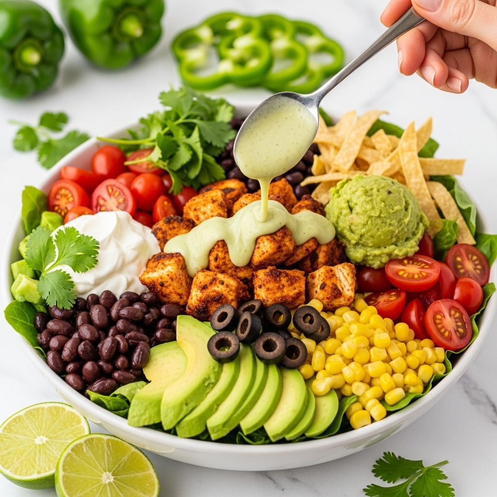 A white bowl filled with a colorful salad layered with various fresh ingredients: at the base, green lettuce leaves and sliced avocado are spread out evenly, topped with black beans, sweet yellow corn, sliced black olives, and halved cherry tomatoes scattered around. In the center, there are grilled, cubed chicken pieces with a reddish-brown crisp outside. On one side, a dollop of white sour cream is visible, and next to it, a small scoop of green guacamole. A spoon held by a woman's hand is pouring a thick light green sauce over the chicken. Thin, crisp tortilla strips and fresh cilantro leaves add texture and color around the edges, with lime wedges placed at the front of the bowl on a white marbled surface. In the background, sliced green peppers and more whole peppers are blurred out. Photo taken with an iphone --ar 4:5 --v 7