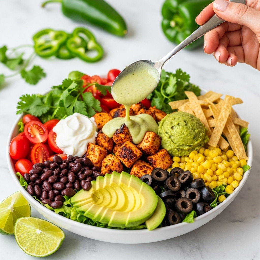 A large white bowl filled with a colorful salad layered with various ingredients. The bottom layer is green lettuce, topped with sliced black olives, yellow corn kernels, and black beans scattered around. On one side, red cherry tomatoes and green avocado slices are visible. The top center is covered with grilled, golden-brown chicken chunks, and a spoon held by a woman's hand is pouring a light green dressing over the chicken. There is a dollop of white sour cream on one side and a scoop of bright green guacamole on the opposite side. Lime wedges and thin, light yellow strips, possibly tortilla chips, are arranged along the edges. The bowl sits on a white marbled surface with some lime wedges placed beside it. Photo taken with an iphone --ar 4:5 --v 7