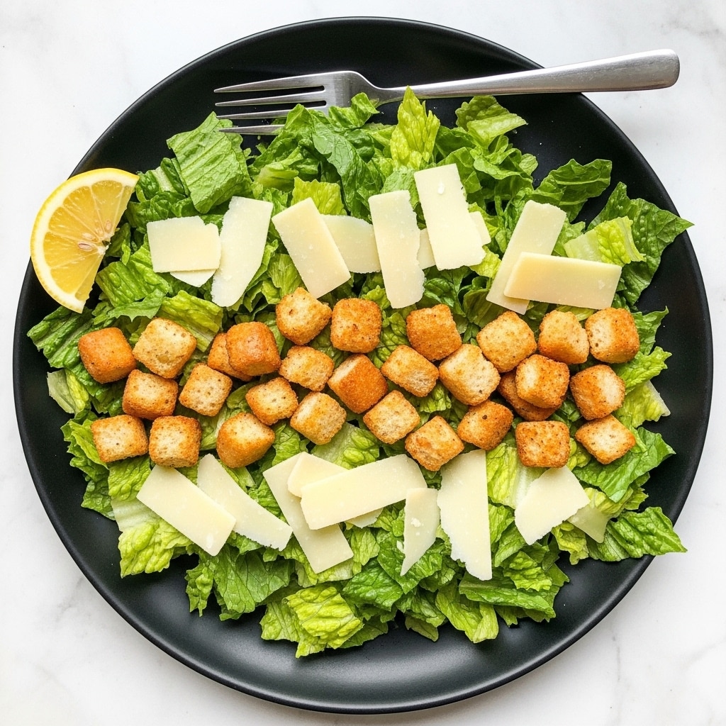 A black plate filled with a fresh Caesar salad on a white marbled surface. The salad has a base layer of bright green romaine lettuce leaves torn into medium pieces. On top, there are scattered light brown toasted croutons with a crunchy texture. Thin, off-white shavings of Parmesan cheese are spread evenly across the salad. A lemon wedge with a vibrant yellow color rests on the left edge of the plate, and a silver fork is placed on the right side, its handle extending out of the frame. Photo taken with an iphone --ar 4:5 --v 7