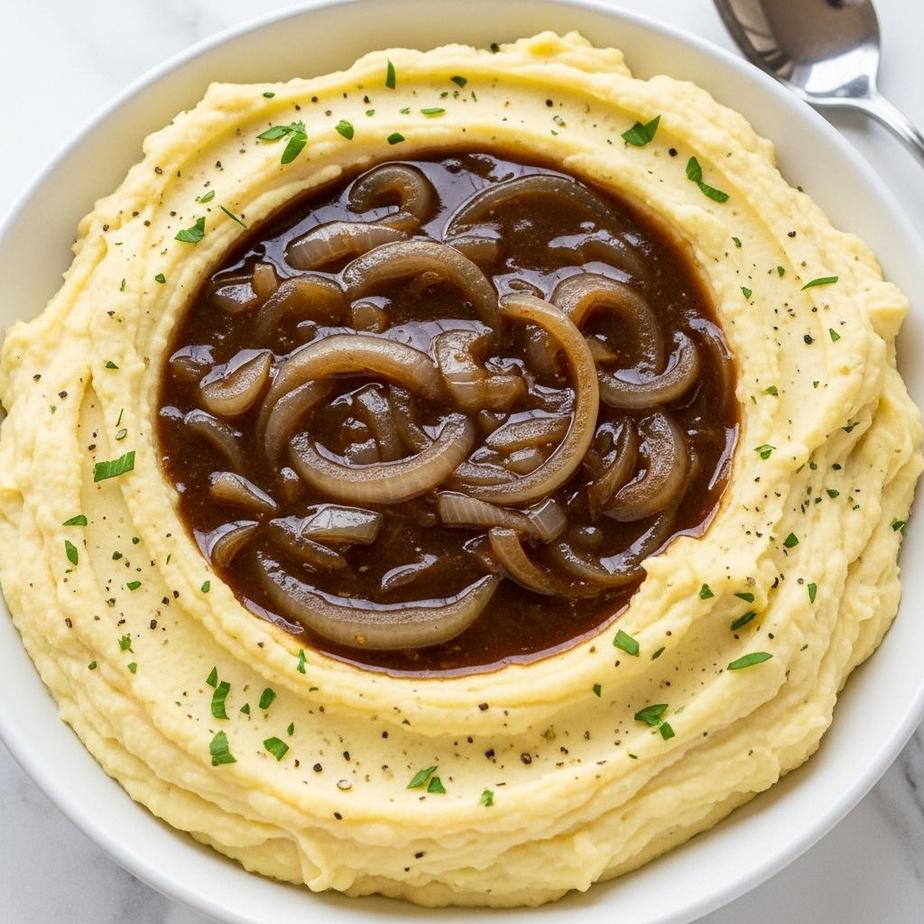 The image shows a close-up view of creamy mashed potatoes arranged in a white bowl with smooth, soft peaks forming a circular shape. In the center, there is a thick layer of brown gravy with visible slices of cooked onions mixed in, shining under the light. Small specks of black pepper and green parsley garnish are scattered over the gravy and edges of the mashed potatoes, adding texture and color contrast. The background surface is a white marbled texture, and a silver spoon is partially visible on the right side of the bowl. Photo taken with an iphone --ar 4:5 --v 7