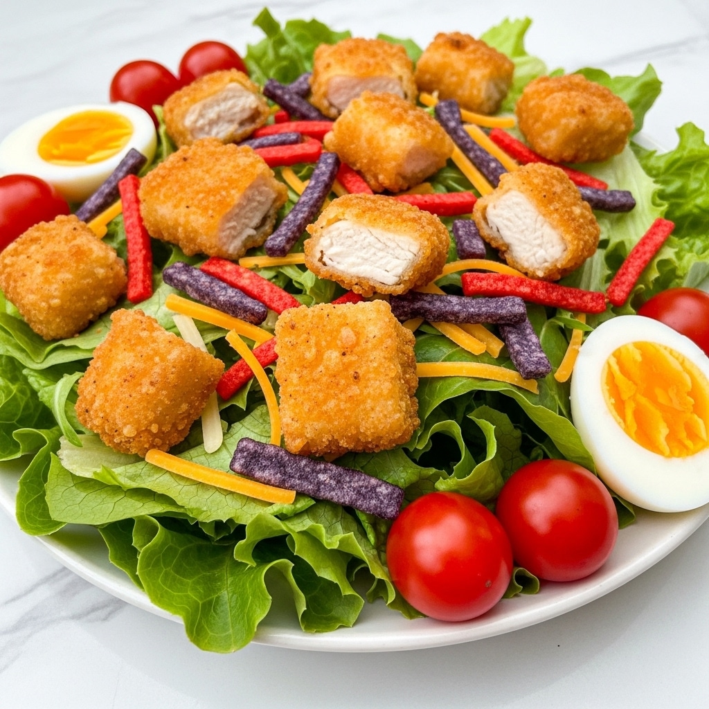 The image shows a fresh salad with several layers visible. At the bottom, there is a base of bright green leafy lettuce. On top of the lettuce, there are small pieces of crispy golden-brown fried chicken scattered all over. Mixed in with the chicken and lettuce are bright red cherry tomatoes, purple and red crunchy strips, and shredded yellow cheddar cheese. To the right side, there is a soft-boiled egg cut in half, showing a bright yellow yolk in the middle. The salad is placed on a white plate, which is set on a white marbled surface. photo taken with an iphone --ar 4:5 --v 7