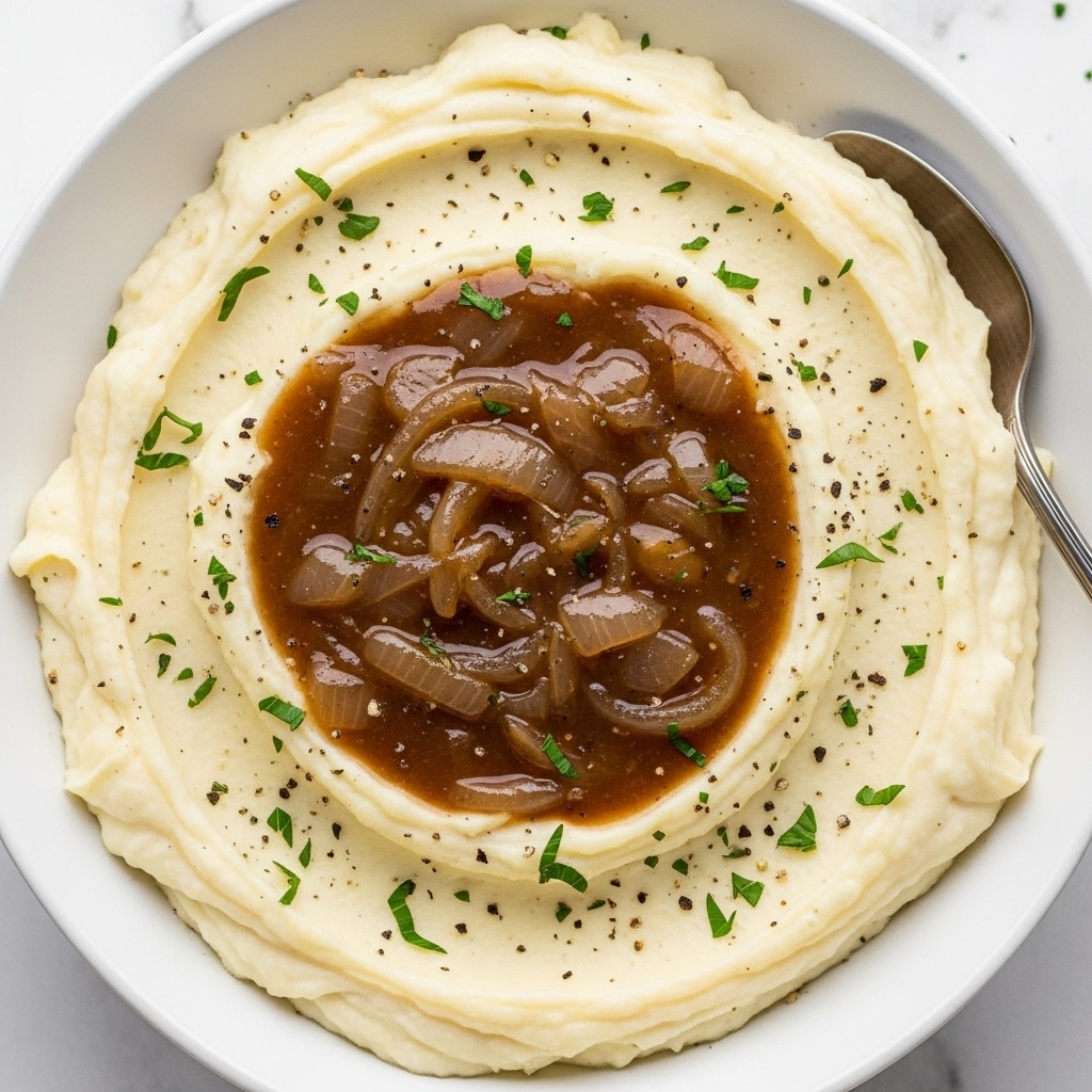 A close-up view of creamy mashed potatoes shaped in a circular dish with a smooth, pale yellow swirl pattern. The center is filled with thick, dark brown onion gravy, showcasing translucent, cooked onion slices mixed throughout. The edges of the mashed potatoes have a soft, fluffy texture with small black pepper specks and finely chopped green herbs sprinkled lightly on top. The bowl is white, set on a white marbled surface, with a silver spoon partially visible in the top right corner. Photo taken with an iphone --ar 4:5 --v 7