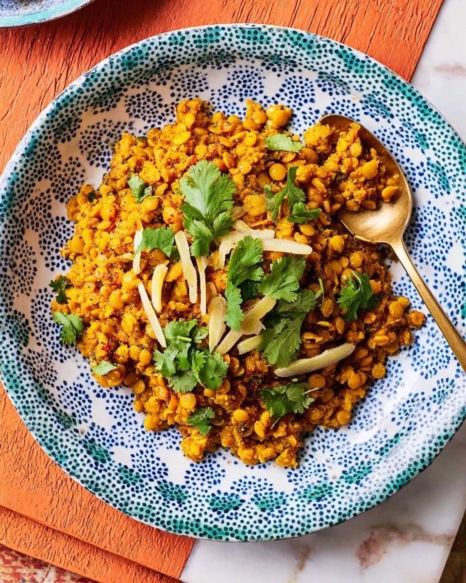 A blue and white bowl with a leafy pattern holds a dish made up of yellow lentils cooked with spices giving an orange-brown color, topped with fresh green cilantro leaves and thin light yellow ginger slivers. Two metal spoons rest inside the bowl, one on the left and the other on the right side. The bowl sits on a wooden orange table next to a green and white patterned cloth, all on a white marbled surface. photo taken with an iphone --ar 4:5 --v 7