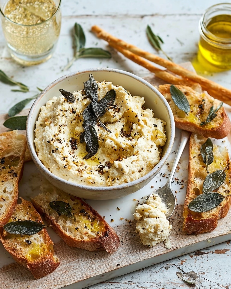 A white bowl filled with creamy, chunky beige spread topped with dark green crispy sage leaves and black pepper sits on a light wooden board with a white marbled texture underneath. Around the bowl, there are several slices of toasted bread with a golden brown crust and visible herbs, some topped with the same spread and garnished with sage leaves. Long, thin breadsticks lean against the slices, showing a light golden color. A silver spoon with a bit of the spread and sage leaves rests on the board. Nearby, a glass jar of golden olive oil and a clear glass of sparkling water with bubbles add to the setting, all on a white marbled surface. Photo taken with an iphone --ar 4:5 --v 7