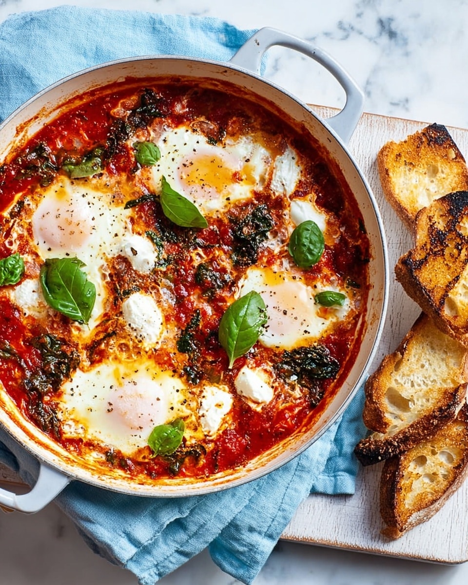 The image shows a white enamel pan filled with a tomato-based dish layered with multiple poached eggs, white dollops of ricotta cheese, and dark green wilted spinach scattered across the surface. The red tomato sauce is thick and vibrant, creating a rich base, with the eggs partially cooked showing some runny yolk that adds a golden yellow contrast. Fresh green basil leaves are placed on top for garnish, and there is a drizzle of olive oil adding a slight shine to the dish. Beside the pan is a wooden board holding several toasted slices of crusty bread with a golden-brown color, placed on a white marbled surface with a light blue cloth nearby. photo taken with an iphone --ar 4:5 --v 7