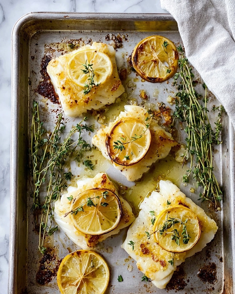 The image shows four pieces of cooked white fish, each topped with a slightly charred lemon slice. The fish pieces have a flaky texture with a light golden brown crust on the edges. Around and underneath the fish are several sprigs of fresh green thyme, some of which are slightly caramelized from cooking. Additional lemon slices are placed directly on the silver baking tray, which has spots of melted oil and light browning. A white cloth napkin is placed near the top right corner of the tray, all set on a white marbled surface. photo taken with an iphone --ar 4:5 --v 7