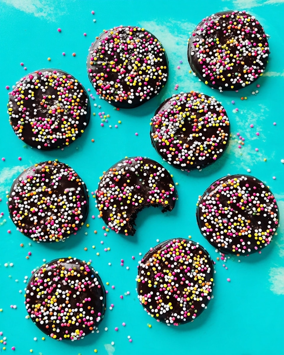 There are nine round chocolate cookies covered with small, round, brightly colored sprinkles placed randomly on a white marble surface. The cookies have a dark brown, almost black color and a rough texture under the sprinkles. One cookie near the bottom left has a bite taken out, showing a dense, soft inside. The sprinkles are in pink, yellow, white, blue, green, and orange colors, evenly spread on each cookie. The overall look is playful and sweet. photo taken with an iphone --ar 4:5 --v 7
