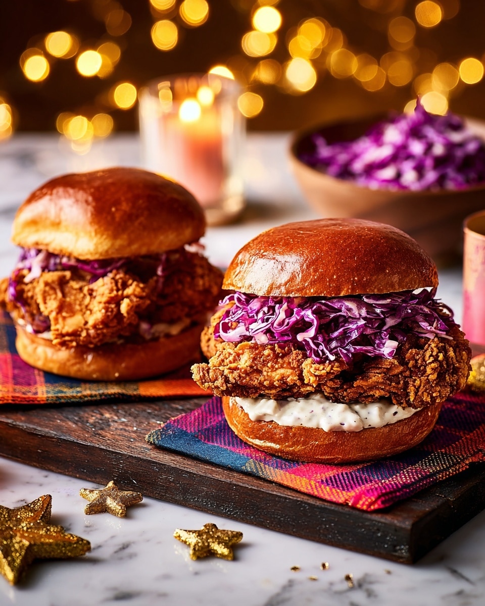 The image shows two crispy fried chicken sandwiches on a dark wooden board with colorful checkered paper underneath. Each sandwich has three clear layers: a shiny golden-brown brioche bun on top, a large piece of deeply textured crunchy fried chicken in the middle, and shredded bright purple cabbage with a creamy white sauce at the bottom on the bottom bun. In the background, there is a round bowl filled with more purple cabbage. Warm bokeh lights add a festive feel, while some small golden and glittery star decorations are scattered near the sandwiches on the board. The surface is white marbled texture. photo taken with an iphone --ar 4:5 --v 7
