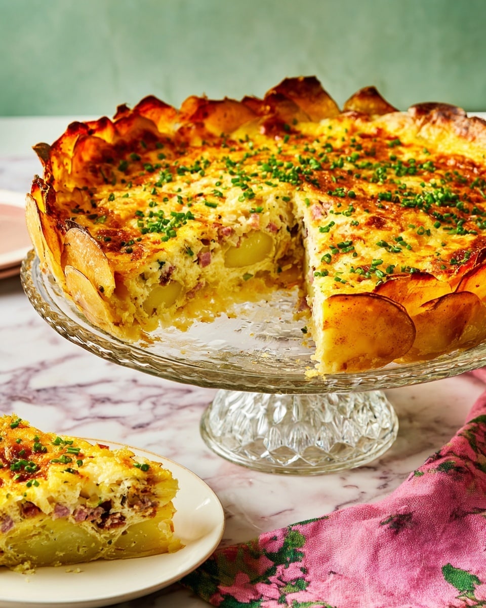 A golden-brown quiche with a crispy, crimped crust that extends above the filling, sitting on a clear glass cake stand. The quiche has a rich, bubbly top layer covered with melted cheese spots, sprinkled with small bits of green herbs. Inside, two visible layers show a light, creamy filling mixed with small chunks of pink ham and darker bits of herbs or vegetables. One slice is taken out, revealing the smooth, dense texture of the filling and the firm crust holding it all together. The cake stand rests on a white marbled surface with a bright green and a pink cloth underneath, along with a white plate holding the removed slice. Photo taken with an iphone --ar 4:5 --v 7