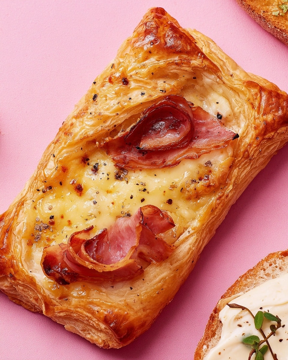 The image shows a single golden-brown pastry with a flaky, layered texture, shaped like a rectangle with its corners folded slightly inward to reveal the filling. The filling consists of creamy melted cheese and thin slices of pink ham, speckled with black pepper and small bits of dark herbs or spices. The pastry’s surface is shiny with a light glaze, and slight browning from baking adds contrast. In the upper right corner, a small portion of a white plate holds a slice of toasted bread topped with white cheese and a green herb leaf. The background is a smooth, pink surface. photo taken with an iphone --ar 4:5 --v 7