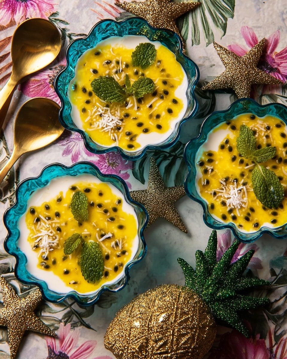 Three dessert bowls with wavy edges and blue glass are placed on a white marbled texture surface with floral patterns. Each bowl has a smooth white base layer topped with a bright yellow passion fruit sauce that includes black seeds and scattered small green sauce swirls. Fresh green mint leaves and small white coconut flakes are sprinkled on top of each bowl, adding texture and color contrast. To the left, there are three gold spoons and two star-shaped ornaments, while on the right side, a shiny pineapple-shaped ornament in gold with green details is visible. The overall setting has a festive and vibrant look with rich colors and textures. photo taken with an iphone --ar 4:5 --v 7