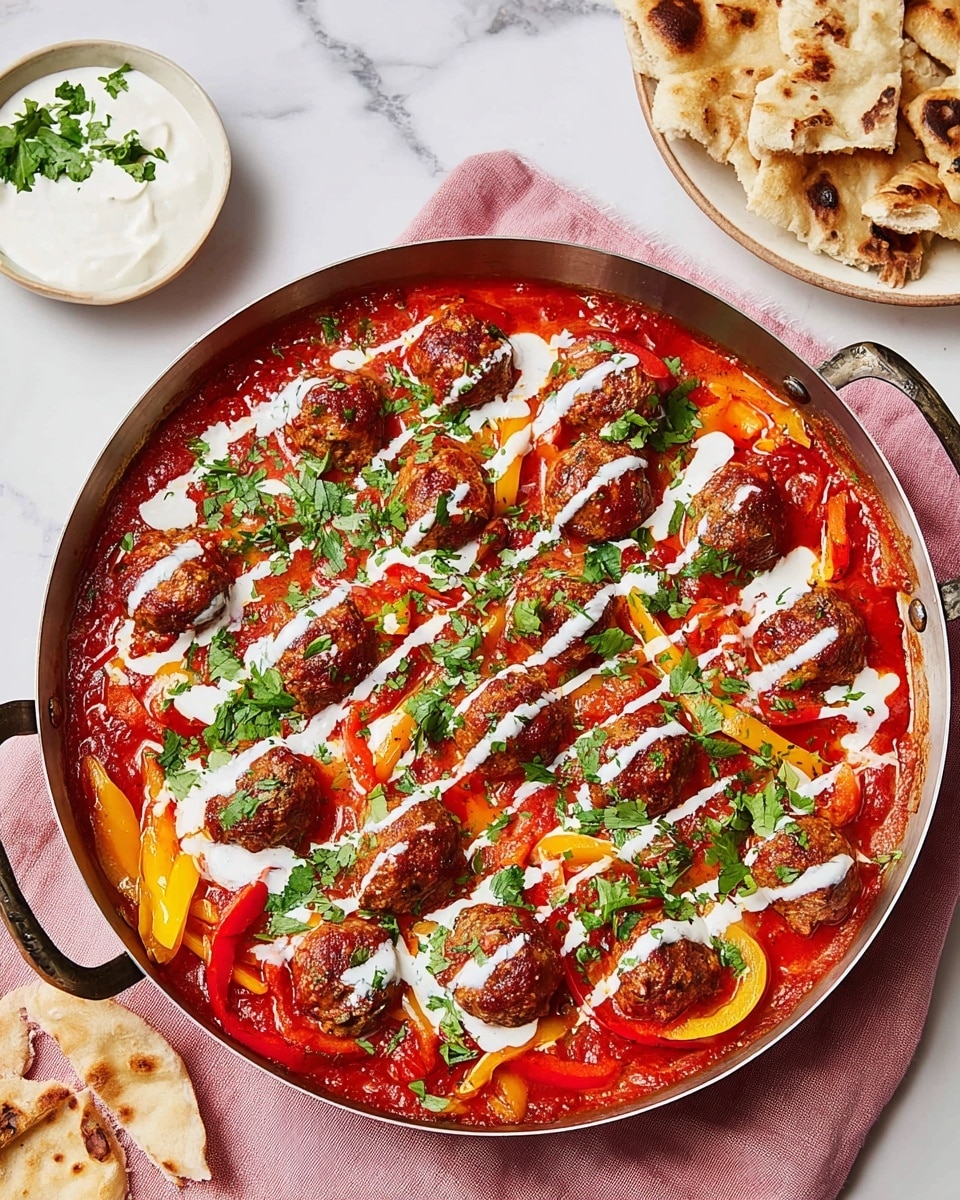 This image shows a metal pan filled with a vibrant dish featuring several golden-brown meatballs arranged on top of a bright red tomato sauce mixed with slices of yellow and red bell peppers. The meatballs and vegetables are generously drizzled with white yogurt sauce, adding contrast and creaminess. Fresh green cilantro leaves are scattered over the dish, bringing a pop of fresh color. To the left of the pan, there is torn flatbread resting next to a bowl of white yogurt, all set on a white marbled surface with a brown cloth partially visible under the pan. Photo taken with an iphone --ar 4:5 --v 7