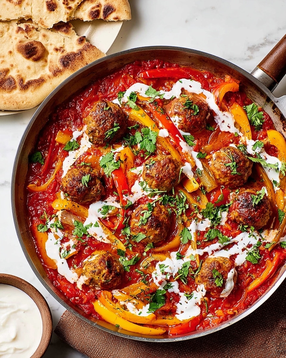 A round metal pan filled with a colorful stew, with two layers visible: the bottom layer is bright red tomato sauce mixed with sliced yellow and red bell peppers, and the top layer includes multiple brown meatballs scattered over the sauce. The dish is drizzled with white cream in a zigzag pattern and garnished with fresh green coriander leaves evenly spread across the surface. The pan is placed on a soft pink cloth on a white marbled surface. To the left, torn pieces of flatbread and a small white bowl filled with white sauce are visible. Photo taken with an iphone --ar 4:5 --v 7
