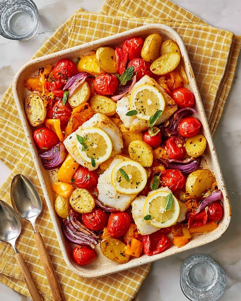 The image shows a white rectangular baking dish filled with a colorful meal. The bottom layer has roasted baby potatoes, red and yellow bell peppers, halved cherry tomatoes on the vine, and sliced red onions. On top of this vegetable mix, there are four pieces of white fish fillets, each topped with a thin lemon slice and a small sprig of herb. The vegetables are cooked with a slight caramelized look, and the fish is tender with a bit of black pepper sprinkled over. The dish is placed on a yellow and white checkered cloth on a white marbled surface, with silver serving utensils on the left and a stack of three white plates on the right. A glass with lemon water is also partially visible on the left side. photo taken with an iphone --ar 4:5 --v 7