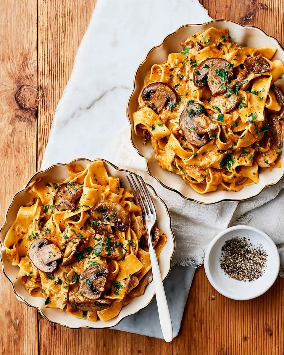 Two round scalloped white plates hold creamy pasta with sliced mushrooms and chopped green herbs scattered on top. The pasta is light orange with a smooth sauce coating the wide noodles, which curl loosely across each plate. The mushrooms are browned and placed evenly on the pasta layers, adding texture and color contrast. A white fork is placed on the bottom plate, resting on the noodles. A small white round dish with black pepper sits on a white cloth to the side, all set on a white marbled surface. photo taken with an iphone --ar 4:5 --v 7