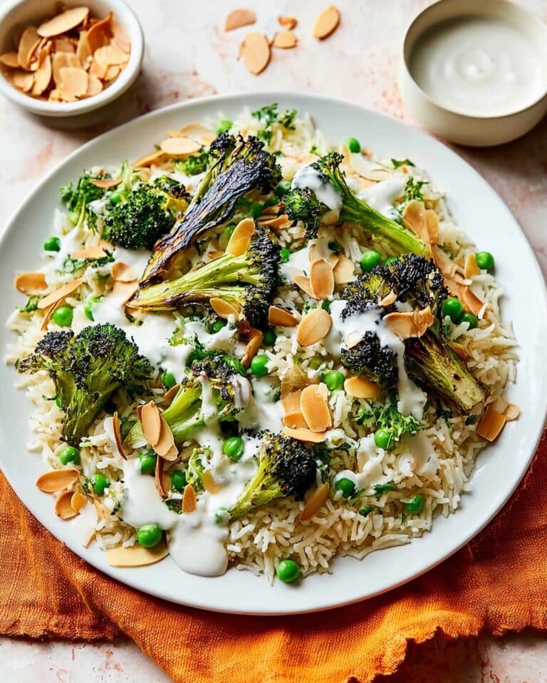 Charred Broccoli Pilaf with Tahini Yogurt and Almonds Recipe