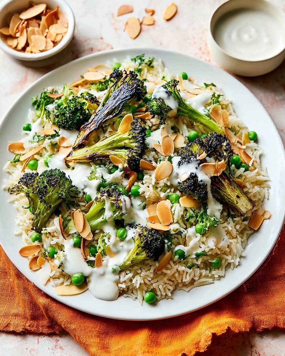 The dish is served on a white plate set on a white marbled texture, featuring a base layer of light yellowish rice mixed with small green peas. On top, there are several pieces of charred broccoli with a mix of dark green and blackened edges, adding texture and color contrast. Drizzled over the broccoli and rice is a creamy white sauce in uneven dollops. Scattered on the top are thin, light brown toasted almond slices, providing an extra crunch and color. In the background, there are two white bowls, one filled with more toasted almonds and the other with extra white sauce. A textured orange cloth is partially visible near the plate. photo taken with an iphone --ar 4:5 --v 7