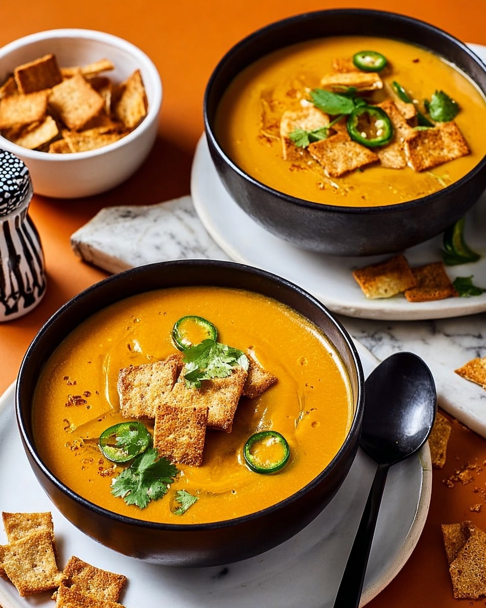 Two black bowls filled with thick orange soup sit on a white marbled surface. Each bowl has about two layers: the bottom is the smooth orange soup, topped with golden brown toasted bread pieces, slices of green jalapeño, thin shredded yellow cheese, and fresh green cilantro leaves. One bowl is placed on a white plate with a spoon inside, while the other bowl is beside it without a plate. A small bowl to the right holds extra toasted bread pieces, and a white plate underneath the spoon bowl has a few scattered bread pieces. A white and brown striped pepper shaker stands in the background on the left. The scene is bright with an orange table beneath the white marbled texture. Photo taken with an iphone --ar 4:5 --v 7