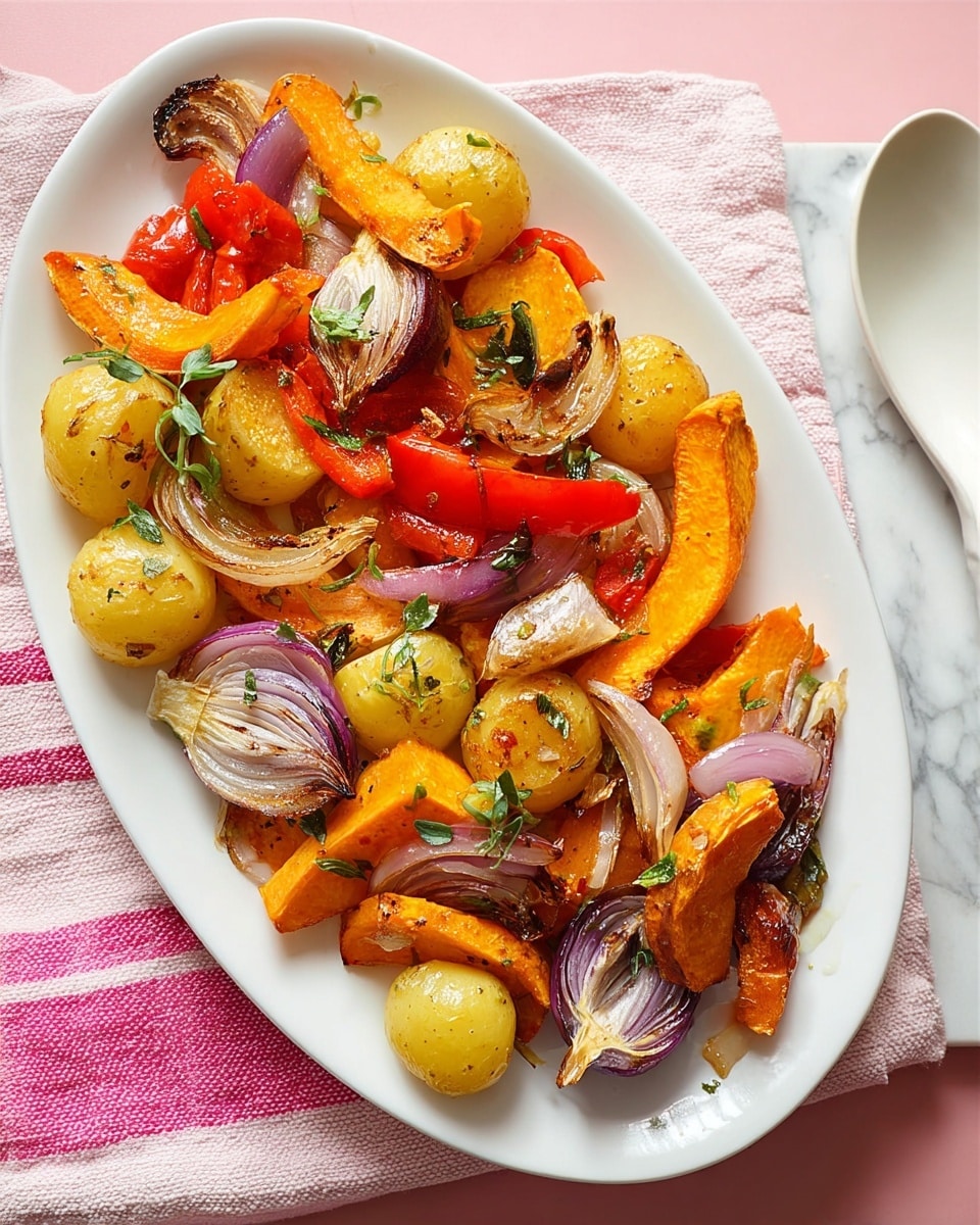 A white oval plate is filled with roasted vegetables arranged in a mix of shapes and colors, creating two layers; the bottom layer is made up of small, round yellow potatoes and thick wedges of orange squash, all with slightly browned edges. The top layer features chunks of red bell peppers, browned slices of red onion, and roasted garlic cloves scattered evenly. Tiny green herb sprigs are spread across the vegetables adding fresh green dots. The plate sits on a pink and white striped cloth with a white marbled surface beneath. To the right of the plate, there is a large white spoon resting on the marbled surface. photo taken with an iphone --ar 4:5 --v 7