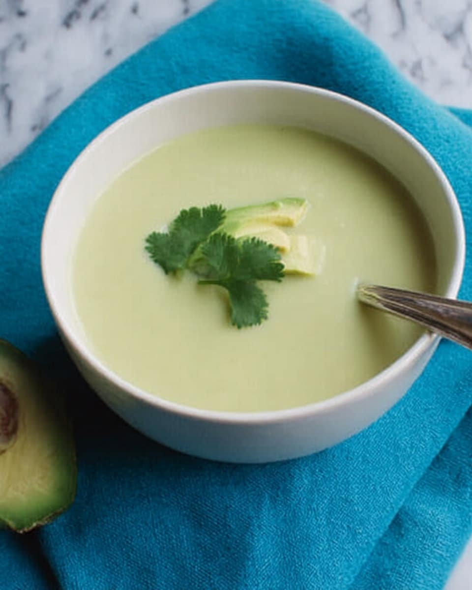 A white bowl filled with creamy light green soup sits on a bright blue cloth on top of a white marbled surface. The soup looks smooth and thick, with a small slice of avocado and a sprig of fresh green cilantro placed on the surface near the edge. A silver spoon rests inside the bowl, angled slightly outward. The lighting is soft and natural, highlighting the fresh and calming colors of the dish. photo taken with an iphone --ar 4:5 --v 7