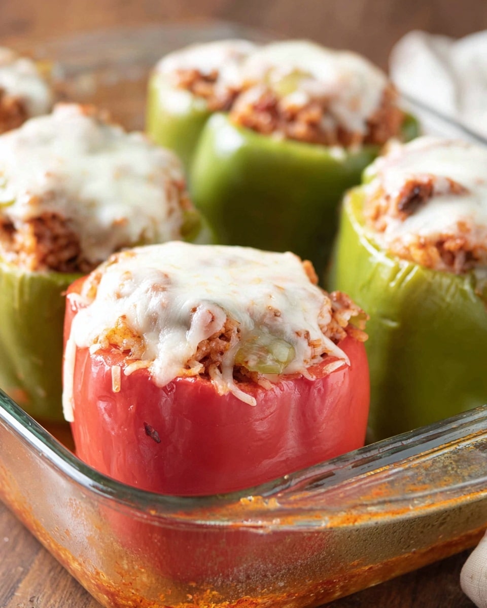 The image shows four stuffed bell peppers placed in a clear glass baking dish. Each pepper is upright, cut open at the top, and filled with a mixed filling of cooked ground meat with small grains of rice and vegetables visible. The filling is topped with melted white cheese that drapes down the sides of the peppers. There are two green peppers and two red peppers arranged in the dish, with some sauce spread around the bottom edges of the baking dish. The scene is set on a white marbled surface, and the background includes a stack of white plates, slightly blurred. Photo taken with an iphone --ar 4:5 --v 7