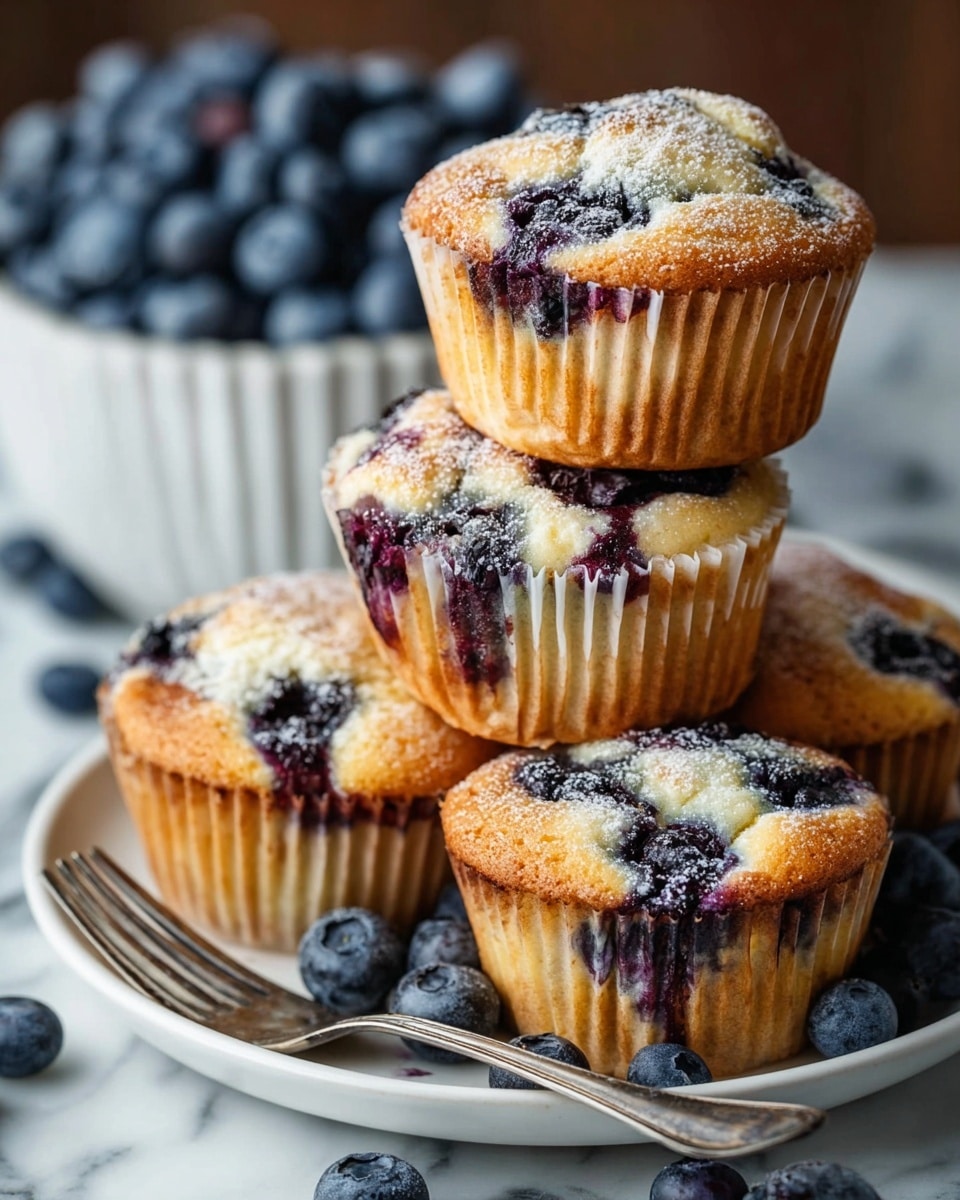 The image shows a close-up of five golden-brown blueberry muffins stacked on a white plate, with some fresh blueberries scattered around them. Each muffin has a crinkled paper cup, and the top is filled with baked-in fresh blueberries, some bursting and leaking deep purple juices, and a light dusting of powdered sugar. The muffins have a soft, slightly cracked texture on the top with visible blueberries embedded inside. In the background, a blurred white bowl filled with more fresh blueberries sits on a white marbled surface. A silver fork rests on the plate next to the muffins. Photo taken with an iphone --ar 4:5 --v 7