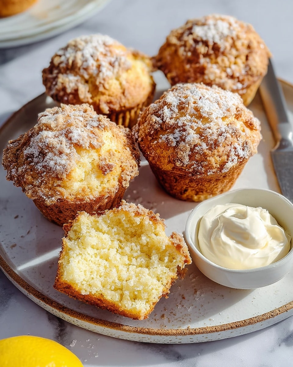 Five golden-brown muffins with a crumbly top and dusted lightly with white powdered sugar sit on a round white plate with a slightly rough texture. Four muffins are whole, showing a bumpy, crunchy top with darker golden spots, while the fifth muffin is broken open in the front, revealing a soft, light yellow inside with a moist and fine crumb texture. A small white bowl of smooth, creamy white butter or cream is placed near the muffins on the plate. Part of a sliced lemon with bright yellow flesh is visible near the bottom left corner, all set on a white marbled surface. photo taken with an iphone --ar 4:5 --v 7