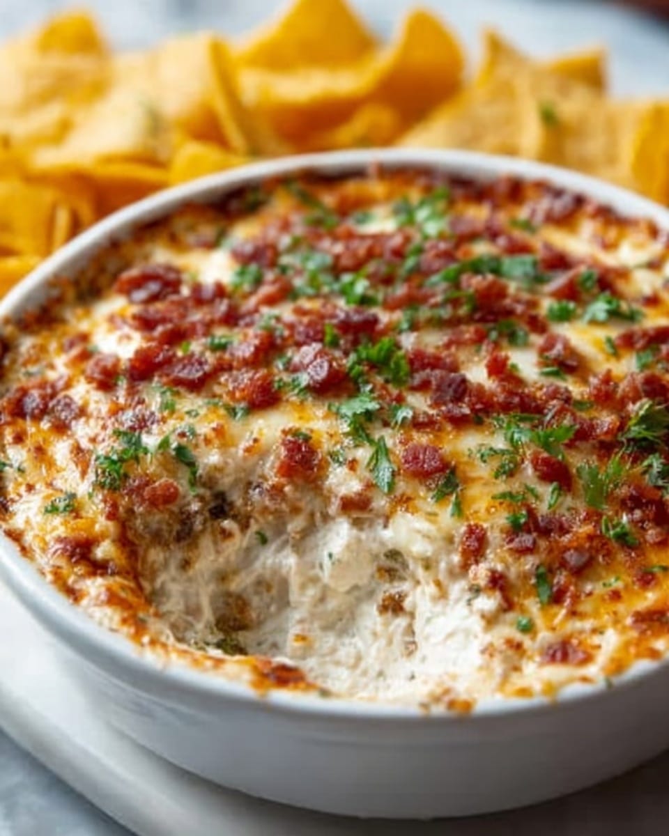 The image shows a white round dish filled with a baked dip. The top layer is melted golden brown cheese with some darker spots and small crispy bits. There are green chopped herbs sprinkled evenly over the cheese layer. A woman's hand is scooping out a creamy, white layer mixed with small chunks of filling from the center, revealing a creamy texture beneath the browned surface. The dish sits on a white marbled surface with some yellow chips blurred in the background. Photo taken with an iphone --ar 4:5 --v 7