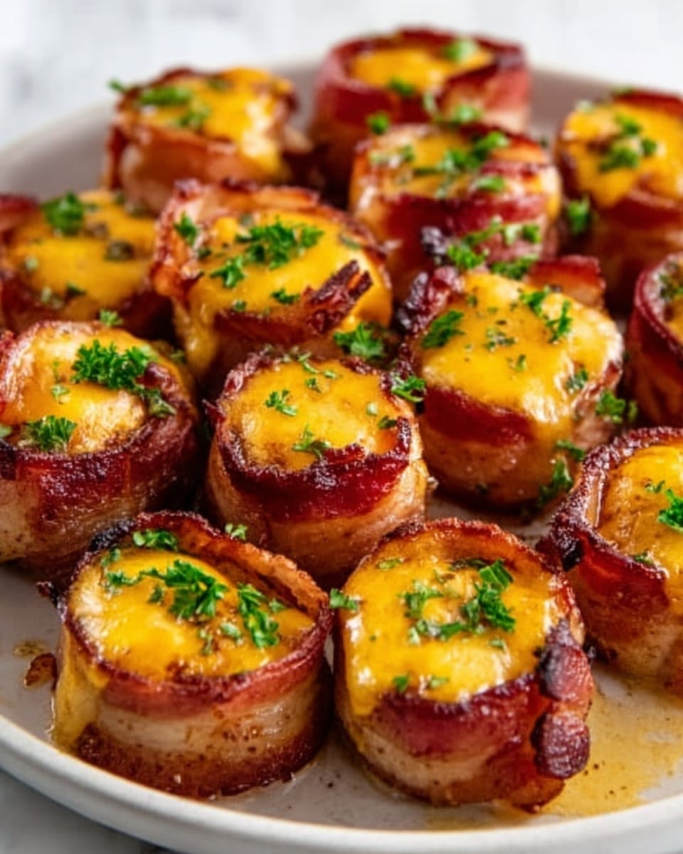 The image shows several thick, round bacon-wrapped potato bites stacked together on a white marbled surface. Each bite has three visible layers: the outer layer is crispy, brown bacon wrapped tightly around, the middle layer is golden-brown roasted potato with a slightly rough texture, and the top layer has a smooth, yellow melted cheese with a few small green herb pieces sprinkled on top. The colors are warm with browns, yellows, and bright green accents from the herbs. Photo taken with an iphone --ar 4:5 --v 7