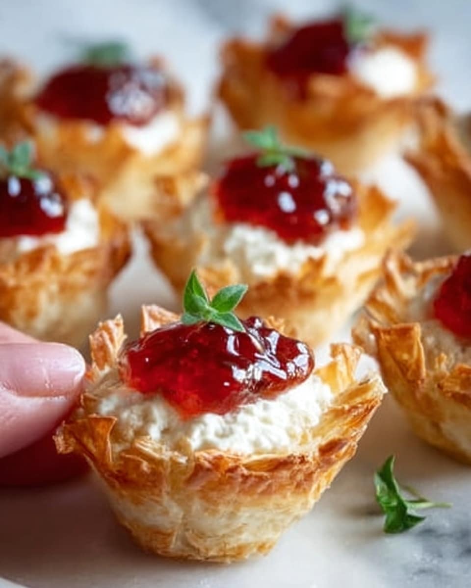 The image shows several small pastry cups with a flaky golden-brown texture, each filled with a white creamy cheese layer. On top of the cheese, there is a shiny red jelly or jam, slightly translucent, adding a rich color contrast. A small green herb sprig decorates each cup, placed on the jelly, adding freshness. The pastries are arranged closely on a white marbled surface. One pastry is held gently by a woman's hand, showing the delicate size of the cup. The overall scene looks fresh and inviting. photo taken with an iphone --ar 4:5 --v 7