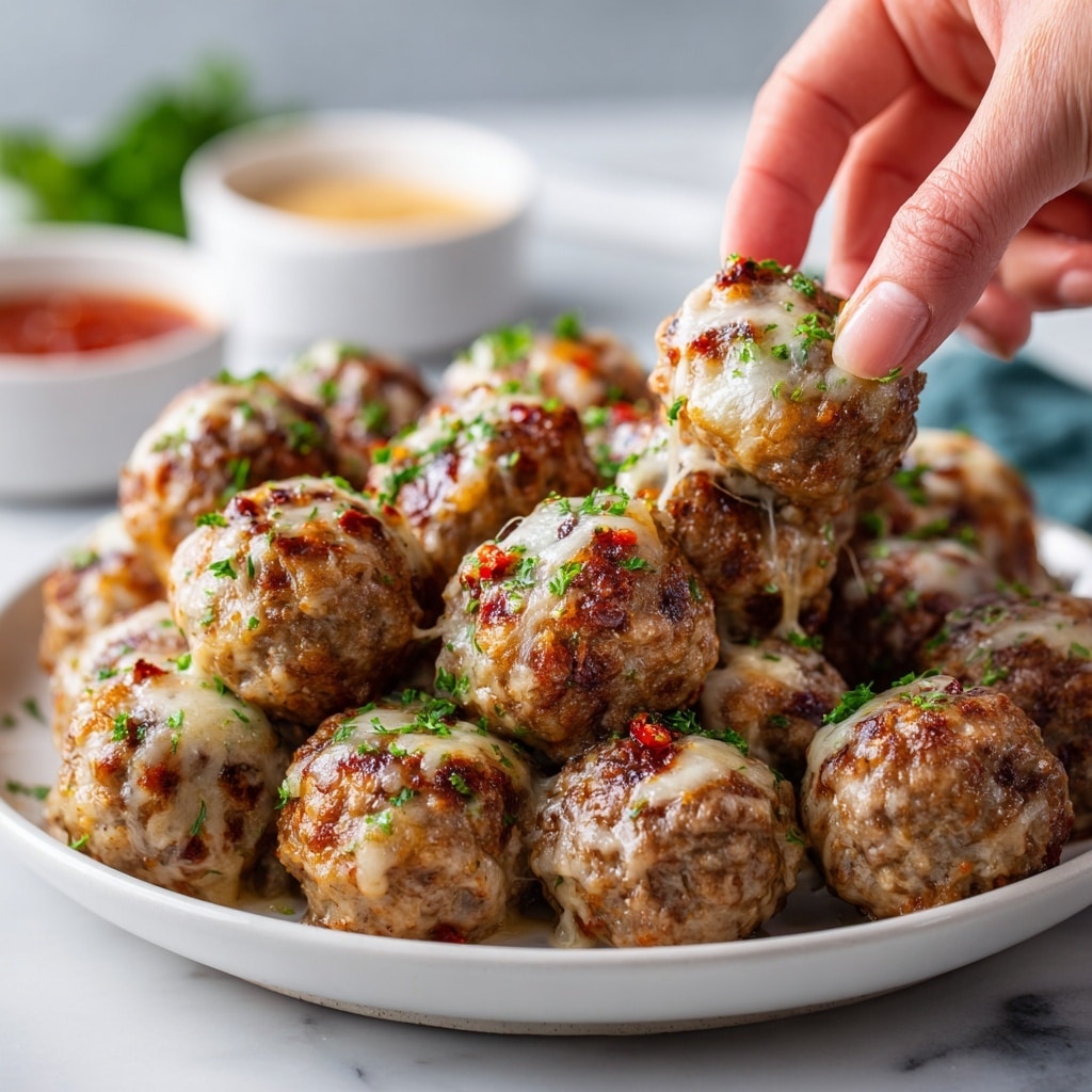 The image shows a white plate filled with a pile of round meatballs covered in melted cheese with small red and green bits, likely peppers or herbs, on top. The meatballs are golden brown with a slightly crispy texture and are garnished with small green parsley leaves scattered on and around them. The plate sits on a white marbled surface, and there are two small bowls of sauces blurred in the background. Photo taken with an iphone --ar 4:5 --v 7