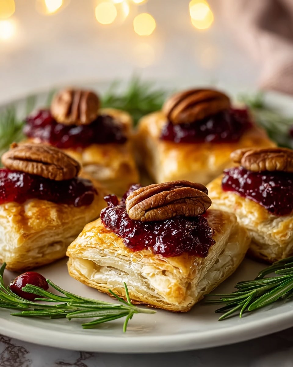 A white plate holds several golden brown square puff pastry bites, each with multiple flaky layers visible. On top of each pastry is a dollop of bright red cranberry sauce with a slightly chunky texture, crowned with a single pecan half. Fresh green rosemary sprigs rest around the pastries on the plate, adding a contrasting color and natural element to the presentation. The background features a soft, white marbled texture with warm blurry lights. photo taken with an iphone --ar 4:5 --v 7