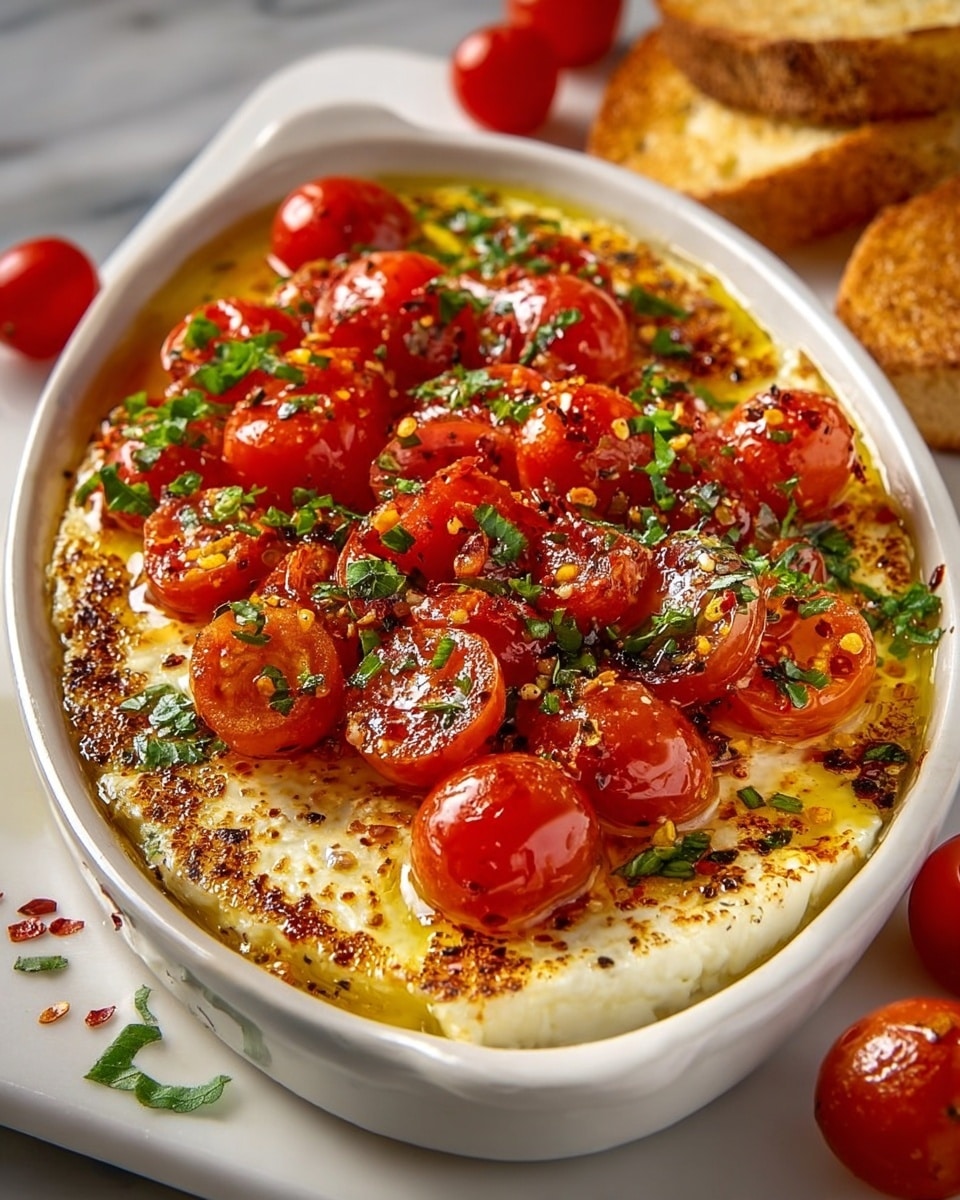 The dish is presented in a white oval plate on a white marbled texture. It features one thick layer of grilled white cheese with golden brown edges and a slightly crispy texture. On top of the cheese sits a pile of whole and halved bright red cherry tomatoes, glistening with oil and sprinkled with black pepper and red chili flakes. Fresh green herb leaves are scattered over the tomatoes and cheese, adding a touch of color contrast. The cheese is surrounded by a pool of golden olive oil, highlighting the rich and fresh look of the dish. In the background, there is a glass jar with more golden oil and slices of toasted bread with a crunchy texture. Photo taken with an iphone --ar 4:5 --v 7