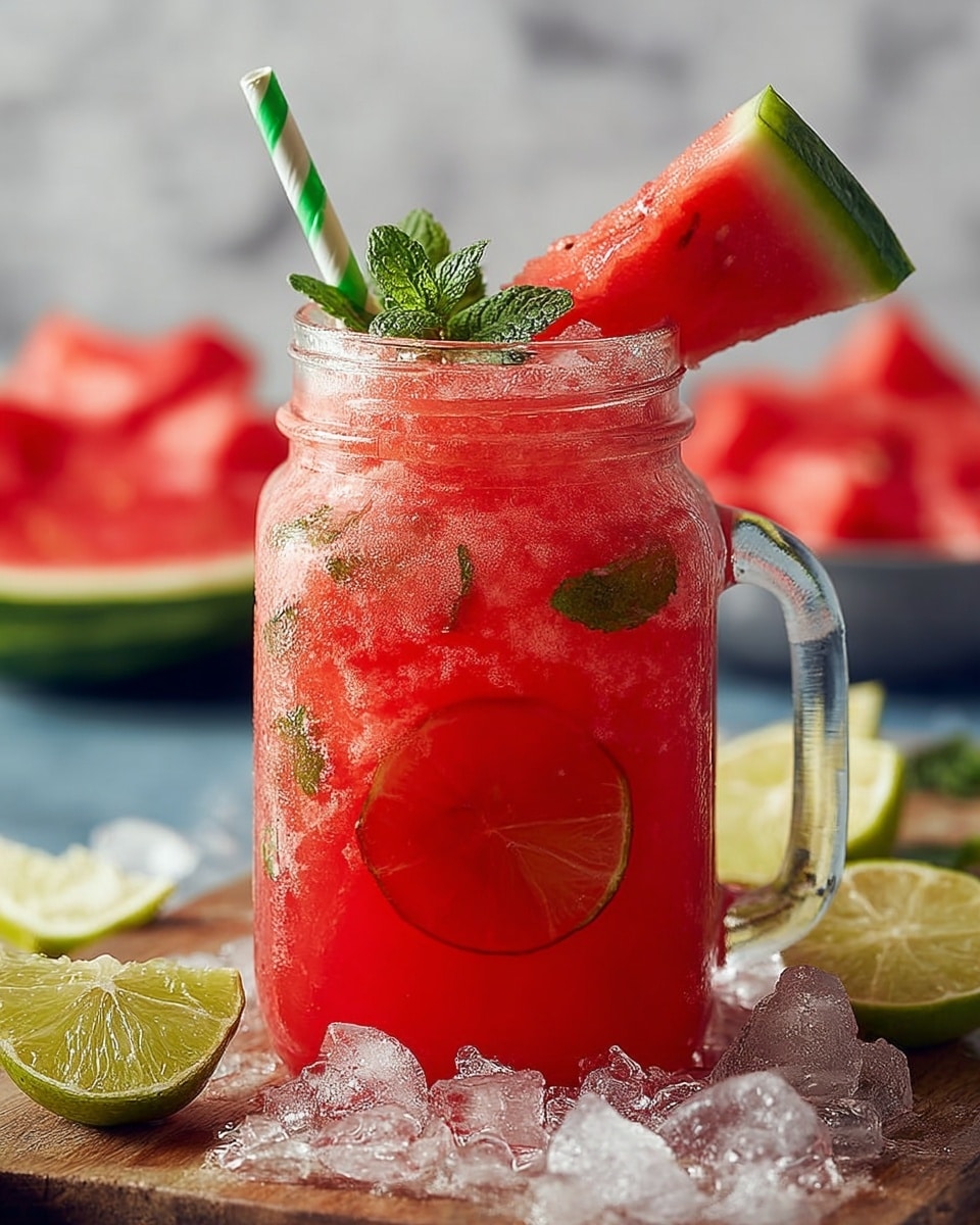 A clear glass jar filled with bright red crushed ice drink, with a green lime slice pressed against the inside near the middle. On the top, there is a fresh green mint leaf and a white and green striped straw sticking out. A triangular slice of watermelon with green rind is placed on the rim of the jar. The jar sits on a wooden board scattered with crushed ice, lemon wedges, and a halved lime. The background shows blurred watermelon pieces on a white marbled surface. Photo taken with an iphone --ar 4:5 --v 7