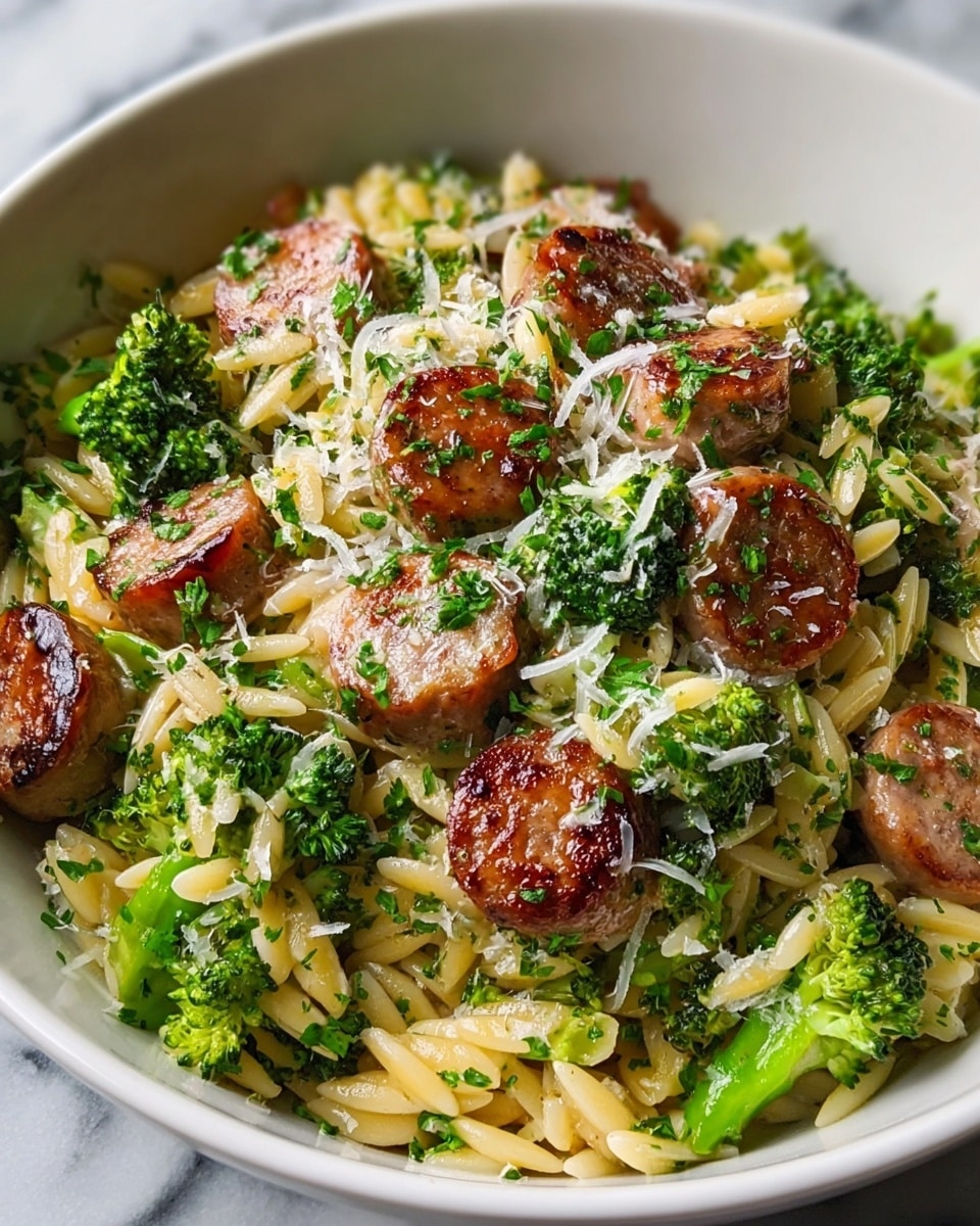 A white bowl filled with a colorful dish consisting of small browned sausage slices placed on top and mixed within a bed of yellowish orzo pasta. Bright green broccoli florets are scattered evenly throughout, adding a fresh texture. The dish is garnished with finely grated white cheese and chopped fresh herbs sprinkled across the surface. The overall texture appears creamy and slightly glossy, resting against a white marbled surface. photo taken with an iphone --ar 4:5 --v 7