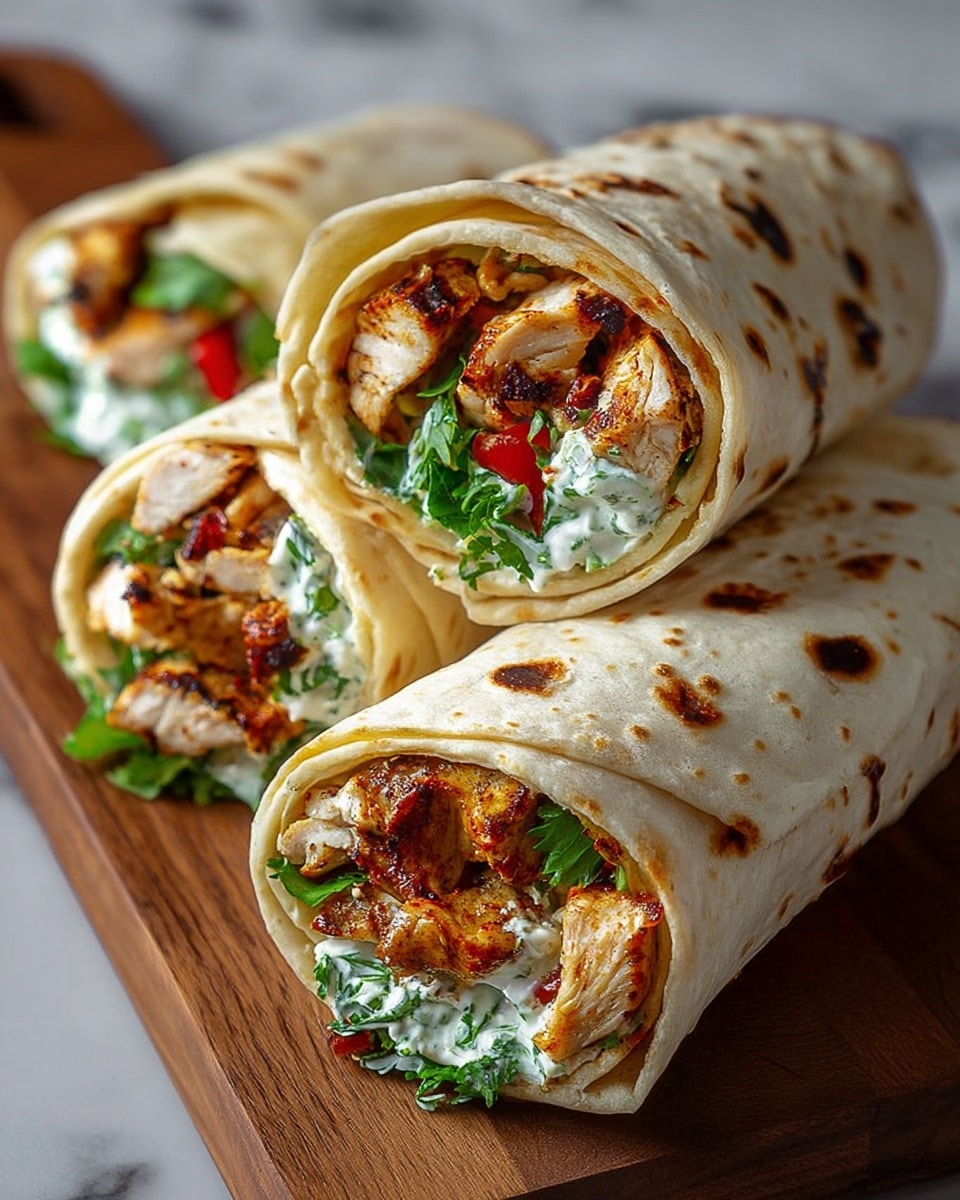 Three grilled chicken wraps are placed on a wooden board over a white marbled surface, each layered with soft, lightly charred tortillas that have dark brown spots. Inside, the wraps are filled with golden brown grilled chicken pieces, bright green leafy herbs, fresh red tomato slices, and creamy white sauce with green herb bits. The wraps are stacked close together, showing the colorful and textured filling clearly. In the background, there is a blurred dark bowl with small red items and some green foliage, adding a fresh and vibrant feel. photo taken with an iphone --ar 4:5 --v 7