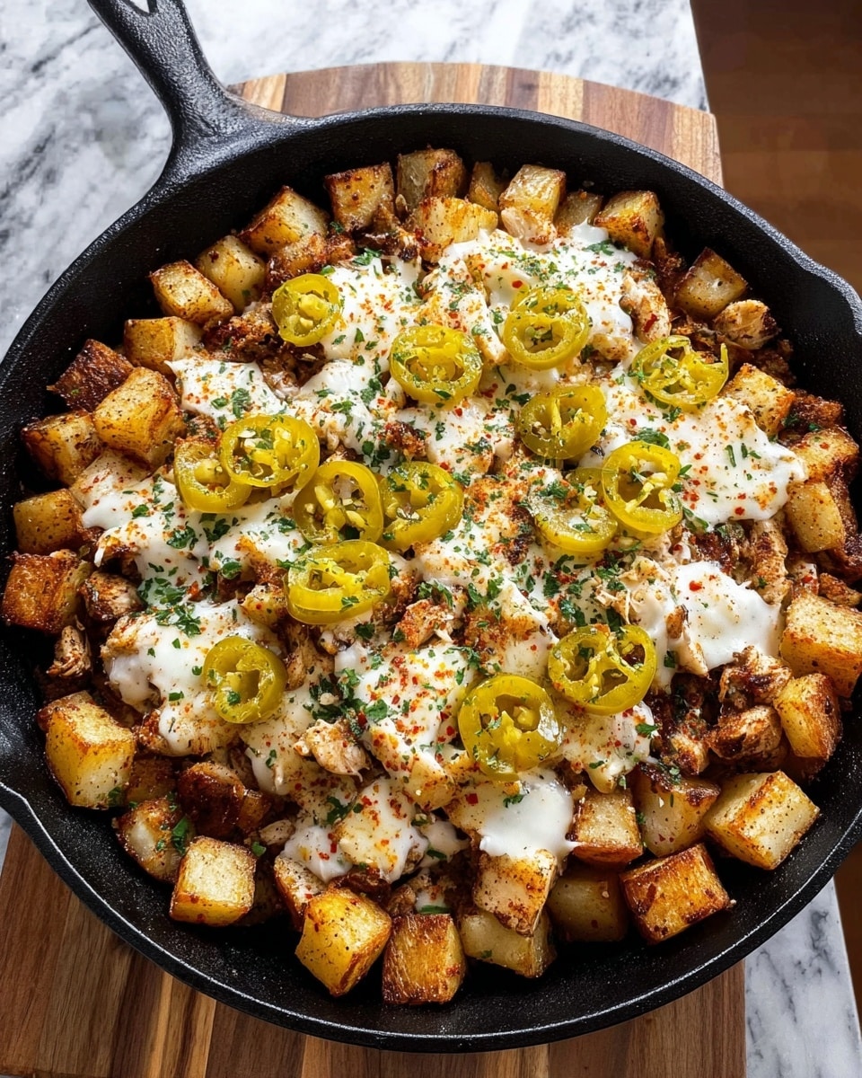 A black cast iron skillet filled with crispy golden brown potato cubes forming the base layer, topped with pieces of browned chicken scattered evenly. Over the chicken, a layer of melted white cheese strings stretches across the dish, partially covering the top. Bright yellow pepper rings are sprinkled across the surface, adding a pop of color. The dish is lightly dusted with green herbs and a reddish spice, enhancing its texture and visual appeal. The skillet is placed on a wooden surface with a white marbled texture background. photo taken with an iphone --ar 4:5 --v 7