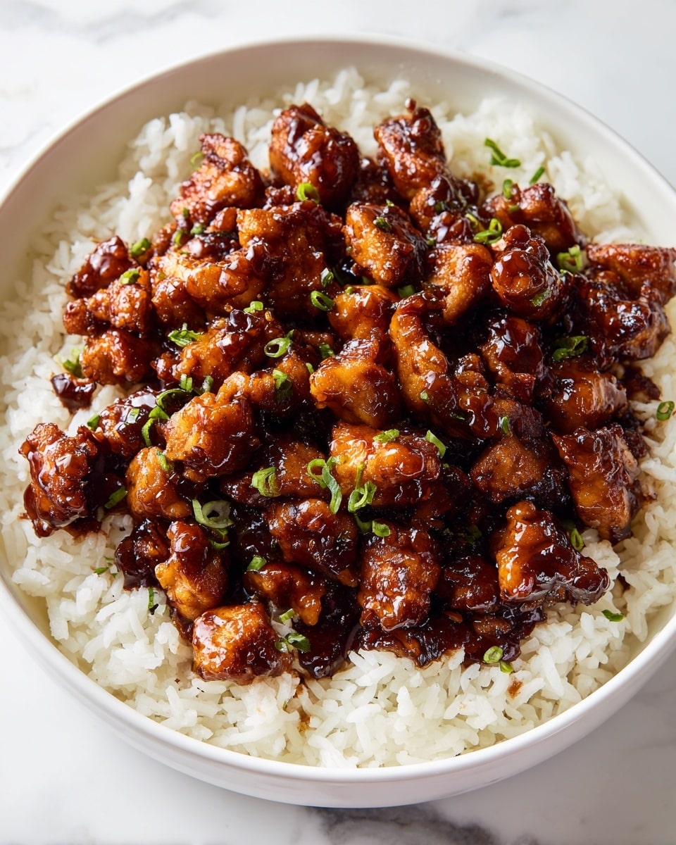 The dish shows a bowl filled with cooked white rice as the bottom layer, with a soft, fluffy texture and slightly separated grains. On top, there is a generous layer of small, golden-brown glazed chicken pieces that look juicy and tender, covered in a shiny dark brown sauce that adds a glaze effect. The chicken is garnished with bright green chopped herbs and green onion bits scattered evenly across the dish. The bowl itself is white, placed on a white marbled textured surface, giving a clean and fresh look. photo taken with an iphone --ar 4:5 --v 7