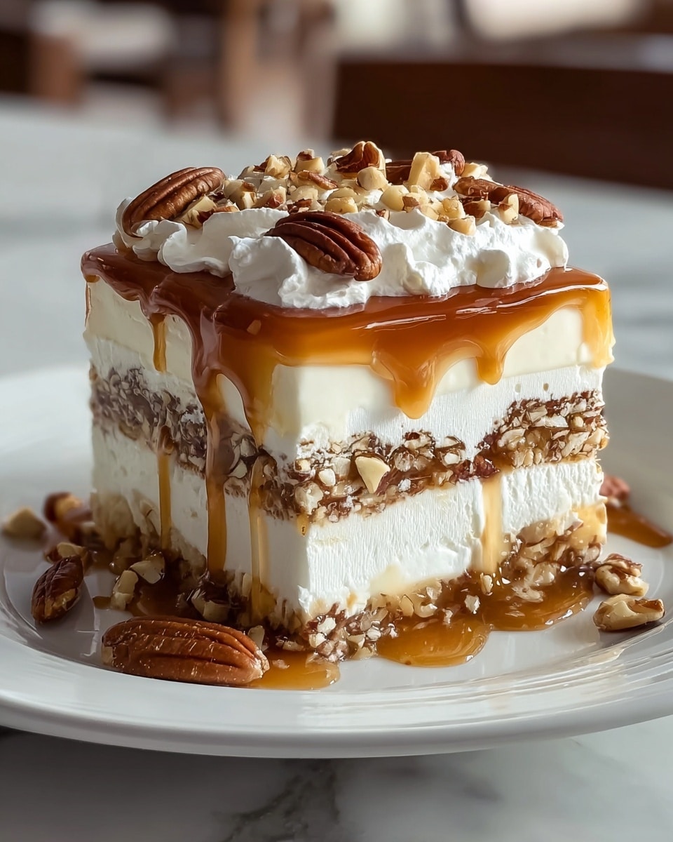 A close-up of a square layered dessert on a white plate with a white marbled surface in the background. The dessert has five visible layers: a bottom layer of dark crunchy nuts and chocolate bits, a thick white cream layer above it, a middle layer of caramel sauce mixed with nut pieces, another thick white cream layer, and a top layer of fluffy whipped cream crowned with whole and chopped pecans. The caramel sauce is slightly dripping down the sides, blending with the nutty layers, and the whipped cream has soft peaks creating a textured, airy finish. photo taken with an iphone --ar 4:5 --v 7