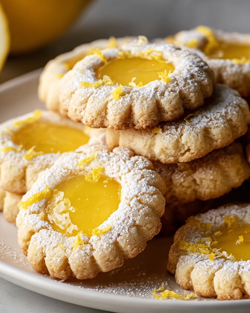 A white plate holds a stack of round cookies with a thick, crumbly edge that is light golden brown. Each cookie has a smooth, glossy yellow lemon curd filling in the center, surrounded by a light dusting of white powdered sugar and small strands of bright yellow lemon zest on top. The cookies are piled close together showing textured edges and slightly cracked surfaces of the dough. The white marbled surface beneath the plate adds a clean, bright background to the image. photo taken with an iphone --ar 4:5 --v 7