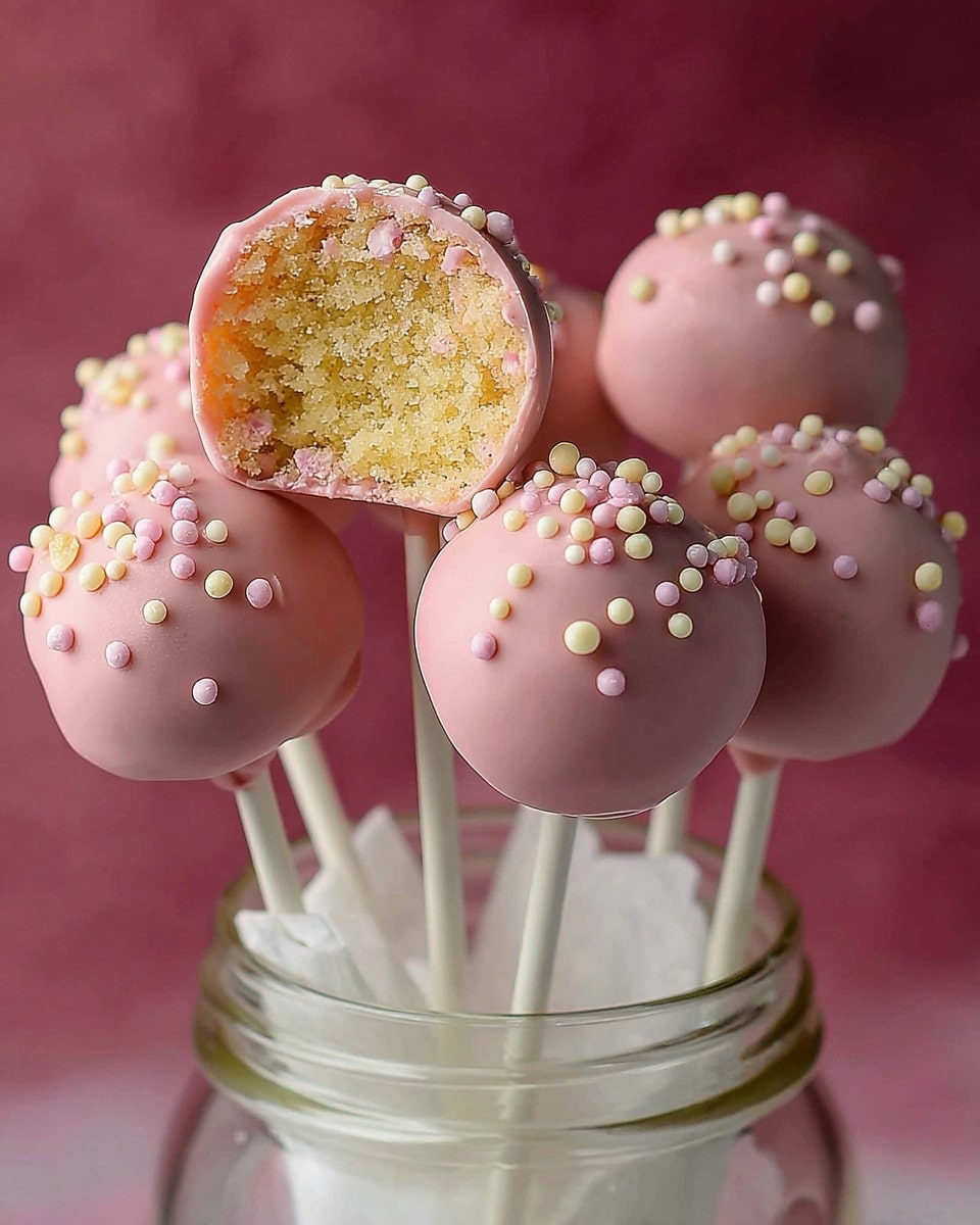 A close-up view of five cake pops with smooth pink coating, each decorated with small white and yellow round sprinkles scattered on top. One cake pop is bitten, showing the inside with a crumbly light yellow cake layer contrasted by a thin pink coating layer. The cake pops are held upright in a clear glass container, with white sticks extending downwards. The background is a solid soft muted pink, and the whole scene sits on a white marbled texture. photo taken with an iphone --ar 4:5 --v 7