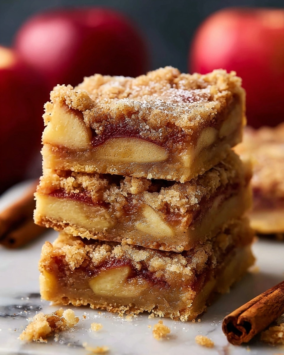 A close-up view of three stacked square apple cinnamon bars with three visible layers: a light brown crumbly crust at the bottom, a thick golden apple filling layer with visible slices of red-skinned apple in the middle, and a slightly crispy, golden brown spiced crumb topping speckled with sugar and cinnamon on top. The bars rest on a dark surface sprinkled with granulated sugar and cinnamon powder, with two cinnamon sticks placed nearby. In the blurred background, two halves of a red apple are visible against a dark backdrop, all set on a white marbled texture. photo taken with an iphone --ar 4:5 --v 7