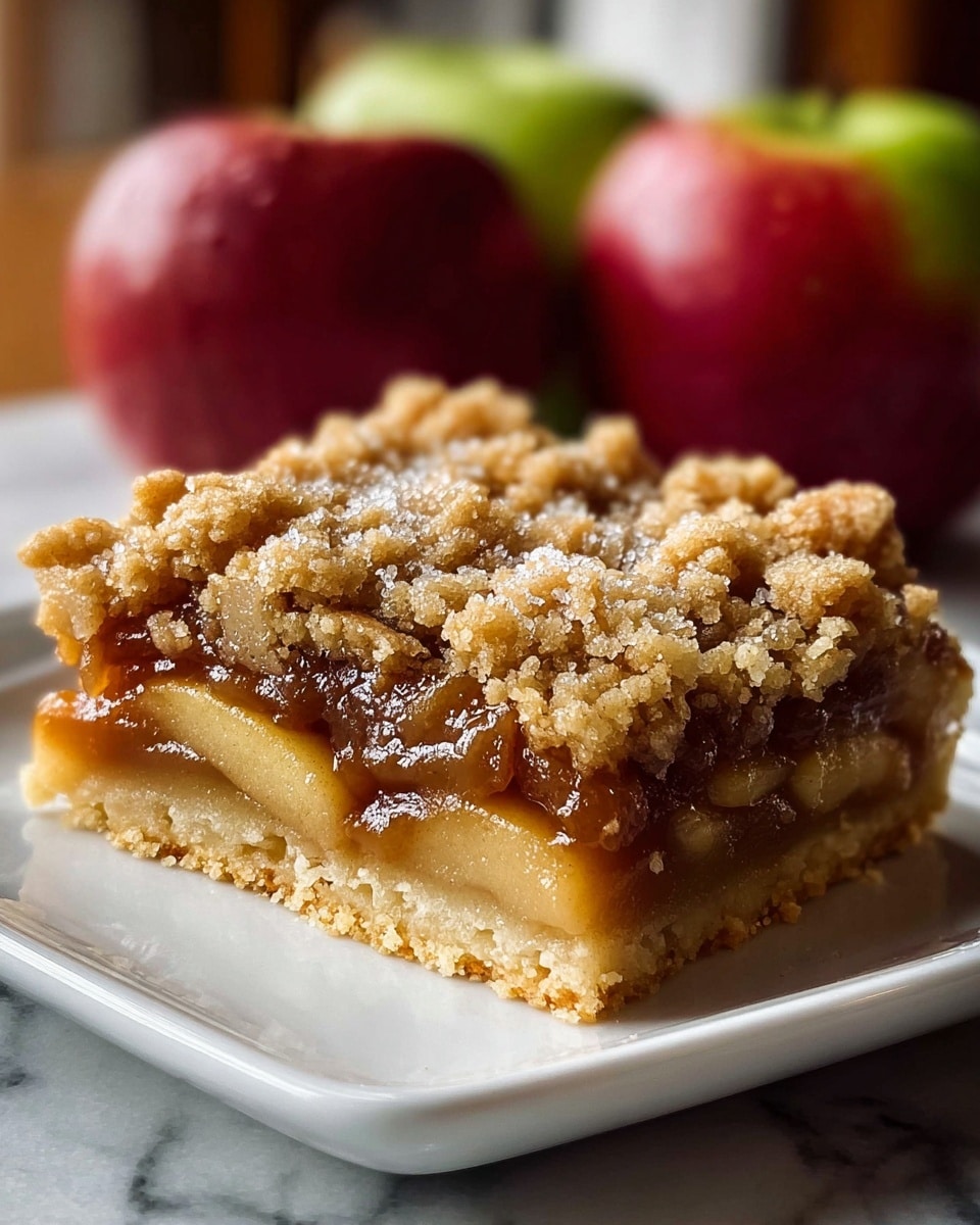 A close-up of a piece of apple crumble cake on a white plate shows three distinct layers: a firm, crumbly golden brown base, a middle layer of soft, light tan baked apple slices mixed with a shiny, sweet cinnamon glaze, and a thick top layer of crumbly, golden streusel sprinkled with powdered sugar. In the background, out of focus, are two whole apples with red and green colors and a similar crumble cake on a white plate. The scene is set on a white marbled surface with warm, natural lighting. photo taken with an iphone --ar 4:5 --v 7