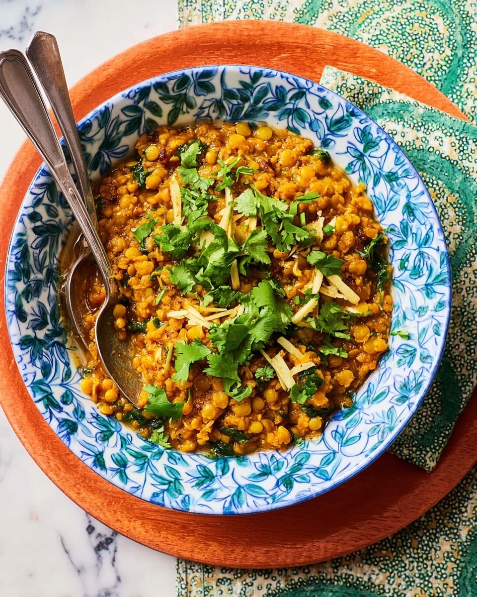 A white round plate with blue leaf and dot patterns holds a layer of cooked yellow lentils mixed with spices, showing a crumbly and soft texture. On top, there are several green cilantro leaves scattered along with thin pale yellow strips of ginger, adding freshness and contrast. The plate is placed on a white marbled surface with an orange wooden board partially visible beneath it. A silver fork rests on the left side of the plate while a golden spoon is on the right side, slightly scooping some lentils. Photo taken with an iphone --ar 4:5 --v 7
