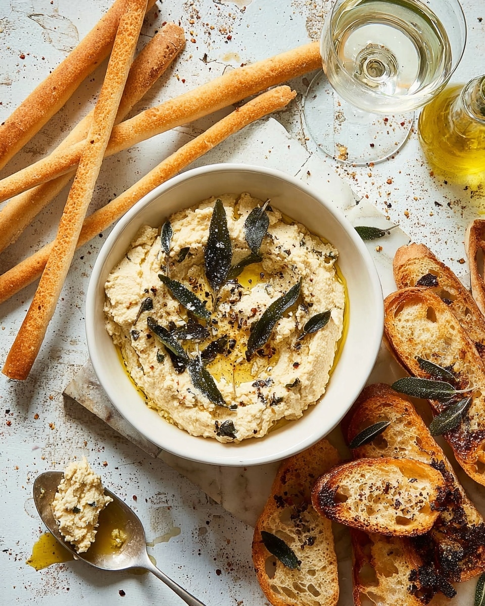 A white bowl sits in the center filled with a creamy beige spread topped with small dark green leaves and a sprinkle of coarse black pepper and some oil droplets. Around the bowl, there are toasted light brown slices of bread with darker burnt spots and some green leaves on top. To the left, three long breadsticks with a golden crust lie parallel. A small silver spoon with some spread and oil rests below the bowl. A glass bottle of golden oil is placed on the upper left, and a clear glass of water stands to the upper right, all on a white marbled textured surface. photo taken with an iphone --ar 4:5 --v 7