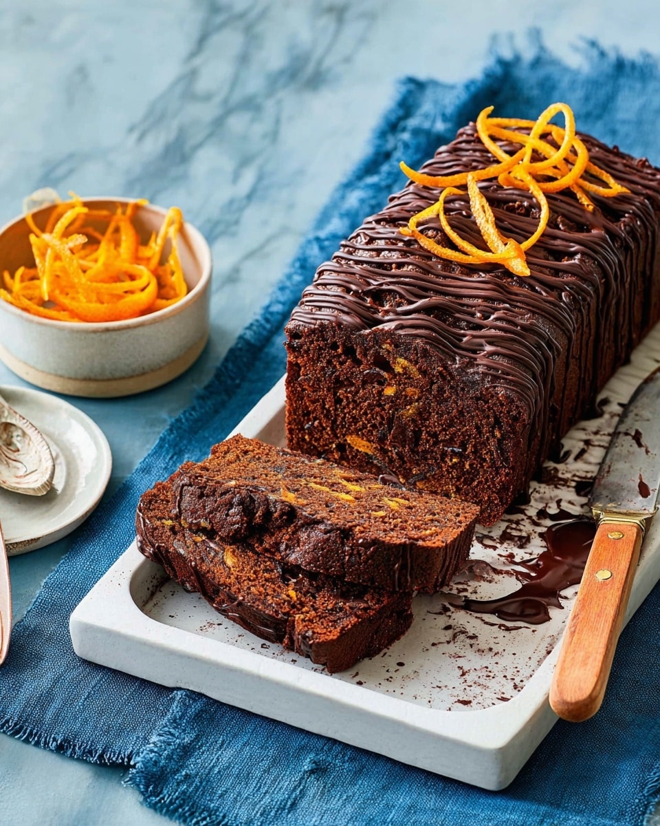 A loaf cake with a dark brown, slightly rough texture, drizzled with thin lines of dark chocolate on top and decorated with curled orange peel strips. The cake is sliced, revealing a dense, moist inside with small darker spots spread throughout. It rests on a white rectangular tray with a subtle textured pattern, placed on a white marbled surface partly covered by a light blue cloth. Next to the tray, a small white bowl holds more curled orange peel strips, and a spoon with a brown wooden handle lies nearby. Photo taken with an iphone --ar 4:5 --v 7