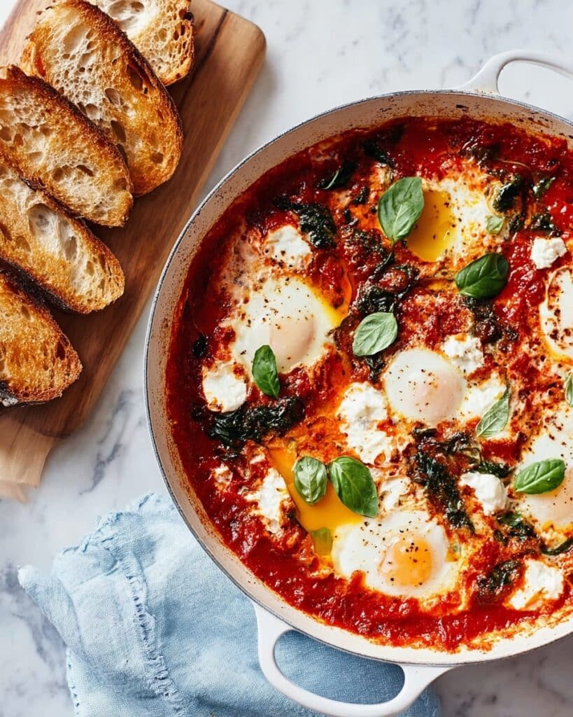 Baked Eggs with Spinach, Tomatoes, Ricotta & Basil Recipe