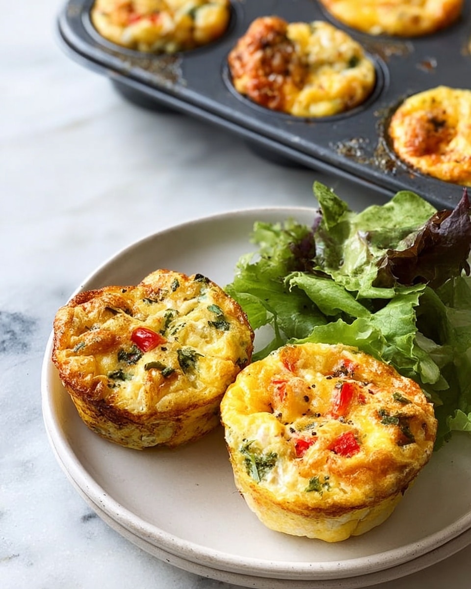 The image shows a white speckled plate holding two small egg muffins that are golden yellow with bits of green and red vegetables inside, giving a colorful speckled look. Next to them, fresh green lettuce leaves add a fresh touch at the top side of the plate. To the left, a metal muffin tray contains five more egg muffins, each having a rough, slightly browned top with visible pieces of vegetables, set on a white marbled surface. The muffins are round and have a soft, fluffy texture with a mix of softer cooked eggs and firmer vegetable chunks. photo taken with an iphone --ar 4:5 --v 7
